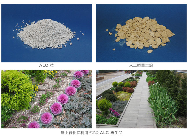 ALC粒、人口軽量土壌、屋上緑化に利用されたALC再生品